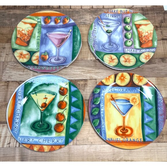 Set Of 4 Martini Cocktail Design Porcelain Dessert Plates With Decorative Storag - Picture 3 of 4